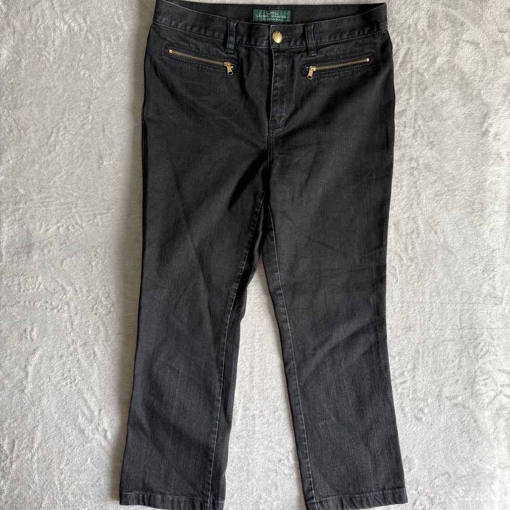 Lauren Ralph Lauren Black Straight Leg Cropped Jeans Gold Zip Pockets Size 8